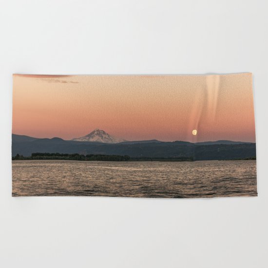 Mt. Hood Moonrise at Sunset Beach Towel