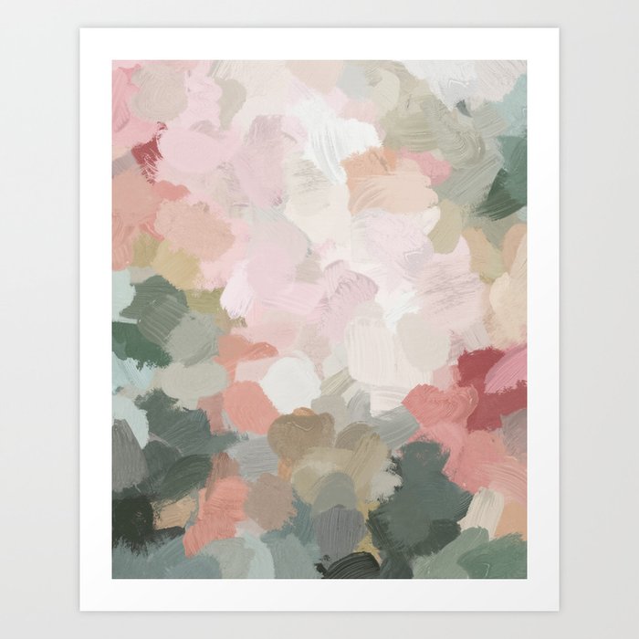 Time to Bloom - Forest Green Fuchsia Blush Pink Abstract Flower Spring Painting Art Art Print