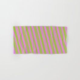 [ Thumbnail: Violet and Green Colored Striped Pattern Hand & Bath Towel ]