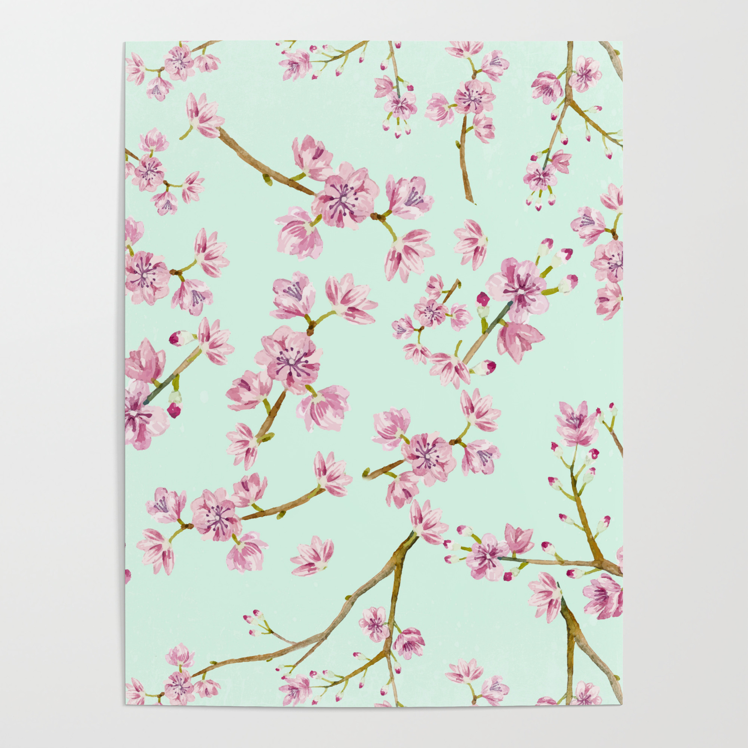 Spring Flowers Mint And Pink Cherry Blossom Pattern Poster By Better Home Society6