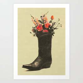 A Cowboy Boot With Spring Bouquet Art Print | Collage, Western, Cowboy, Flowers, Boots, Vintage, Cowboy Boots, Old, Rustuc, Retro 