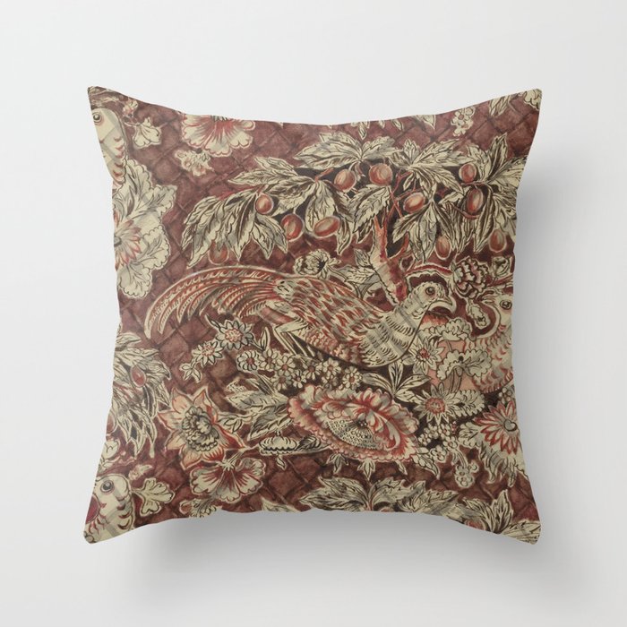Burgundy Quilted Chintz Cover Up Birds and Flowers Throw Pillow