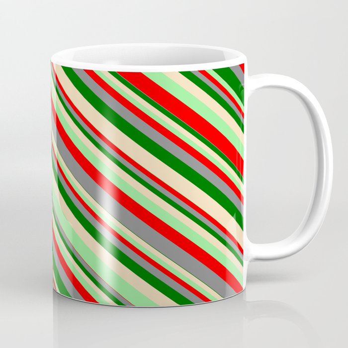 Eyecatching Light Green, Red, Gray, Dark Green, and Tan Colored Lined/Striped Pattern Coffee Mug