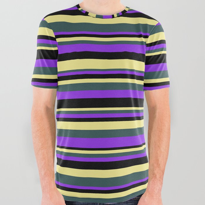 Tan, Dark Slate Gray, Purple, and Black Colored Stripes/Lines Pattern All Over Graphic Tee
