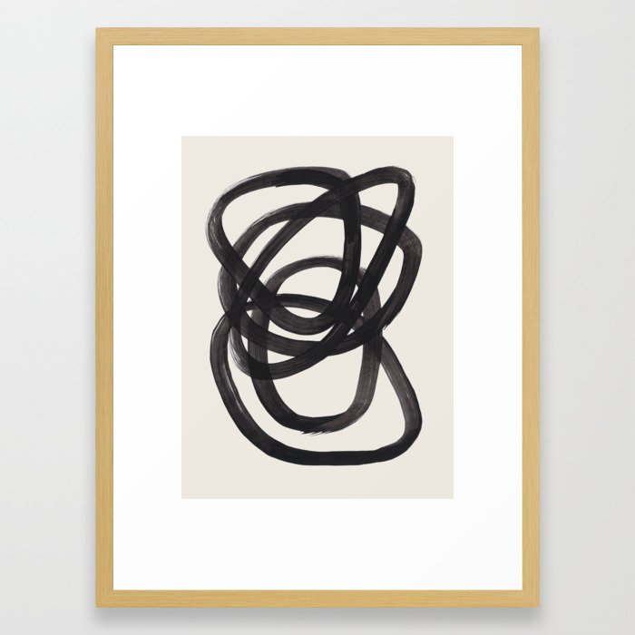 Mid Century Modern Minimalist Abstract Art Brush Strokes Black & White Ink Art Spiral Circles Framed Art Print