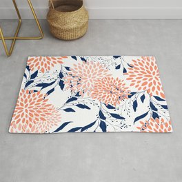 Floral Prints and Leaves, White, Coral and Navy Area & Throw Rug