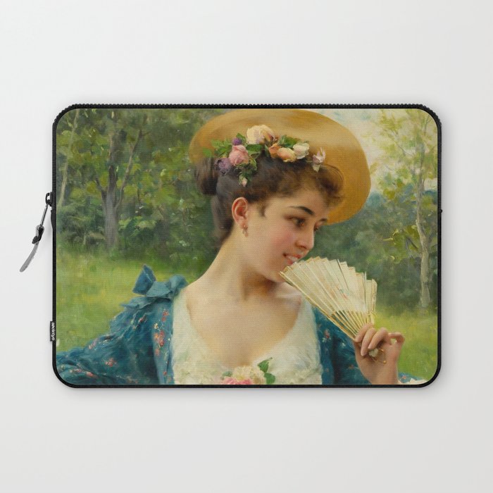 (Reserved)Young woman with a basket of roses Victorian era still life portrait painting by F. Andreotti for bedroom, wall, and home decor Laptop Sleeve