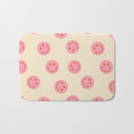 70s Retro Smiley Face Pattern in Beige & Pink Bath Mat | Graphicdesign, Brown, 60S, Curated, Hippie, Happy, Pattern, Pink, 1960S, Retropattern 