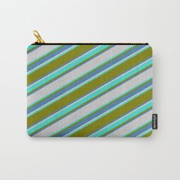 [ Thumbnail: Green, Blue, Light Gray & Turquoise Colored Striped Pattern Carry-All Pouch ]