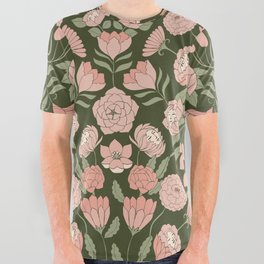 Mystery Garden Victorian Green Floral Faces All Over Graphic Tee