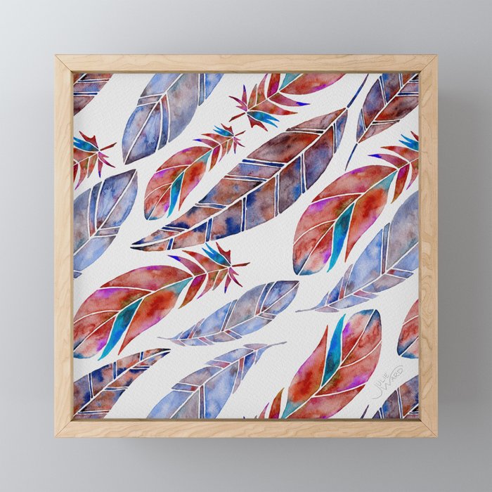 Watercolor Feathers Pattern - Red, Blue, and Purple Framed Mini Art Print