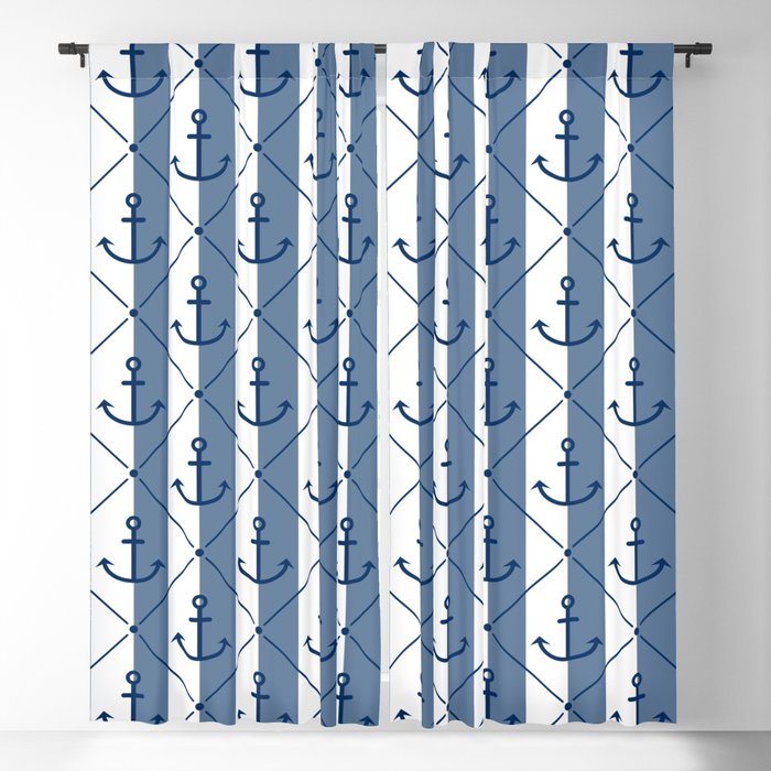 Navy Blue Anchor Pattern on White and Slate Blue Blackout Curtain