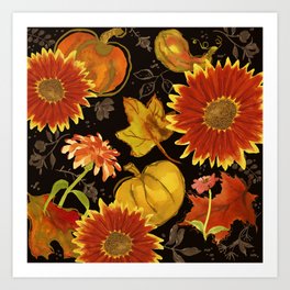 Watercolor Red Sunflower with Pumpkins and Fall Leaves Art Print