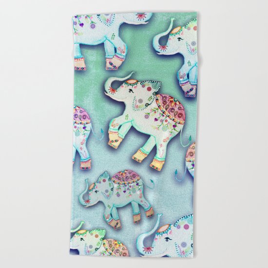 ELEPHANT PARTY MINT Beach Towel