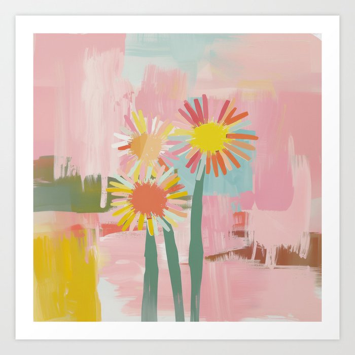 Abstract Pink Summer Daisies Blooming Art Print