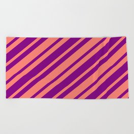 [ Thumbnail: Salmon and Purple Colored Pattern of Stripes Beach Towel ]