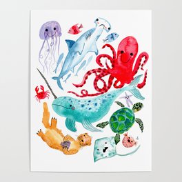 Ocean Creatures - Sea Animals Characters - Watercolor Poster