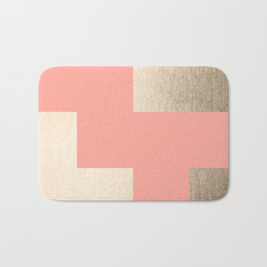 Simply Geometric White Gold Sands on Salmon Pink Bath Mat