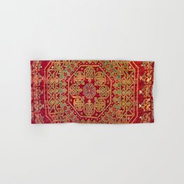 Bohemian Medallion VII // 15th Century Old Distressed Red Green Coloful Ornate Accent Rug Pattern Hand & Bath Towel