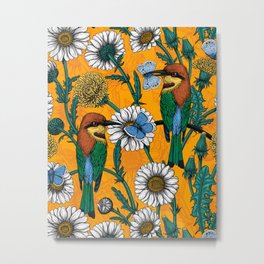 Bee-eaters, blue butterflies and daisies on orange Metal Print | Design, Illustration, Floral, Vector, Flower, Painting, Bird, Vintage, Pattern, Nature 
