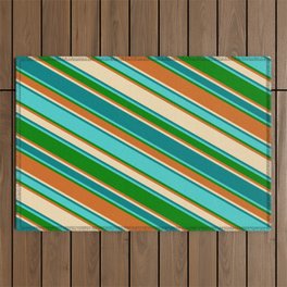 [ Thumbnail: Colorful Tan, Teal, Turquoise, Green, and Chocolate Colored Lines Pattern Outdoor Rug ]