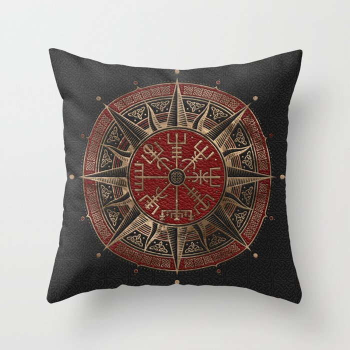 Vegvisir - Viking Compass - Black and red Leather and gold Throw Pillow