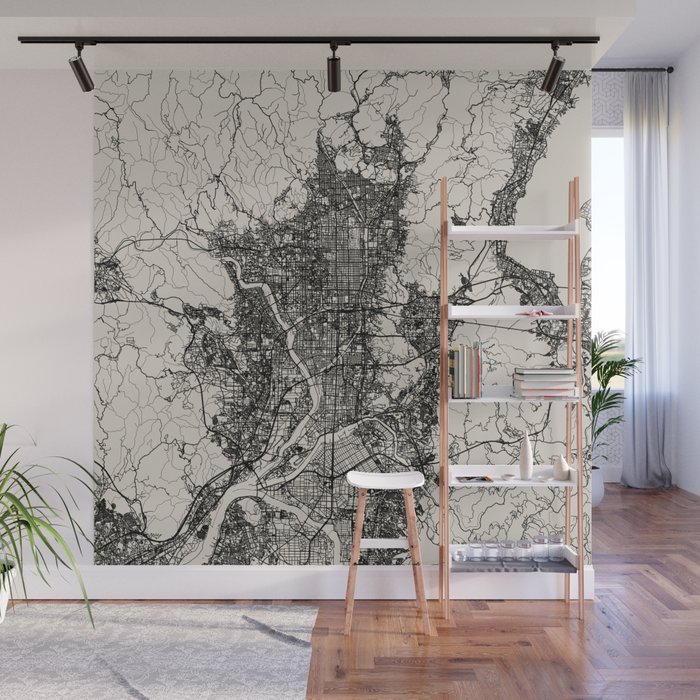 Japan KYOTO - City Map - Black and White Wall Mural