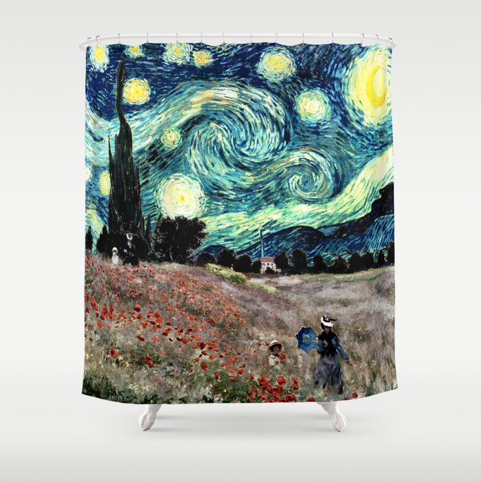 Monet's Poppies with Van Gogh's Starry Night Sky Shower Curtain