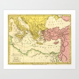 Vintage Trojan War Map of the Journey of Ulysses / Odysseus / Telemachus / Aeneas (1808) Art Print