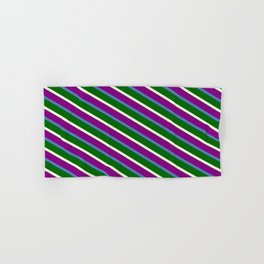 [ Thumbnail: Beige, Purple, Blue & Dark Green Colored Lines Pattern Hand & Bath Towel ]