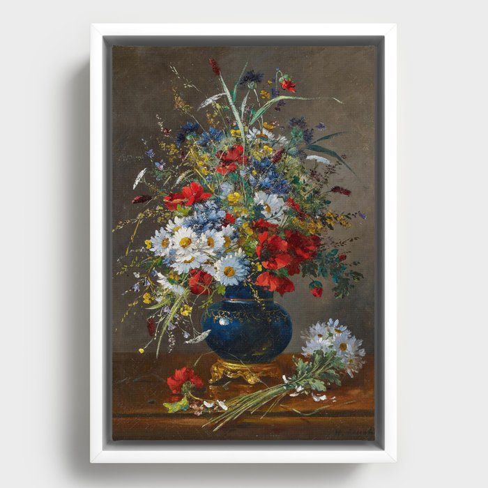 Eugene Henri Cauchois - Summery Bouquet in a Bulbous, Brass-mounted Glass Vase Framed Canvas
