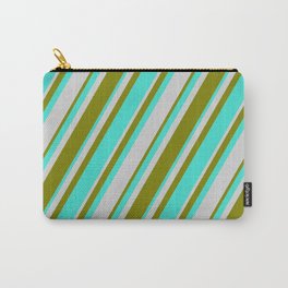 [ Thumbnail: Turquoise, Light Grey & Green Colored Lines/Stripes Pattern Carry-All Pouch ]
