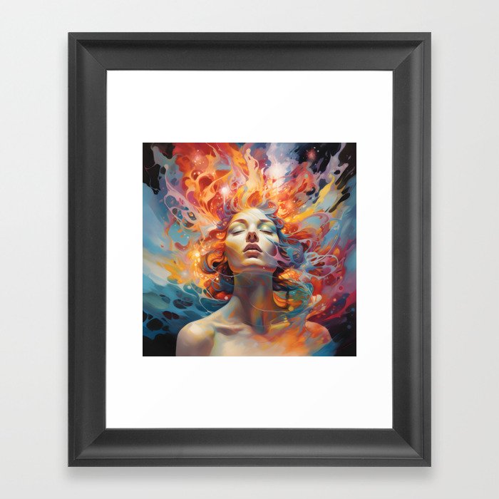 Woman meditating and flowing in a splash of color brushstrokes  Framed Art Print