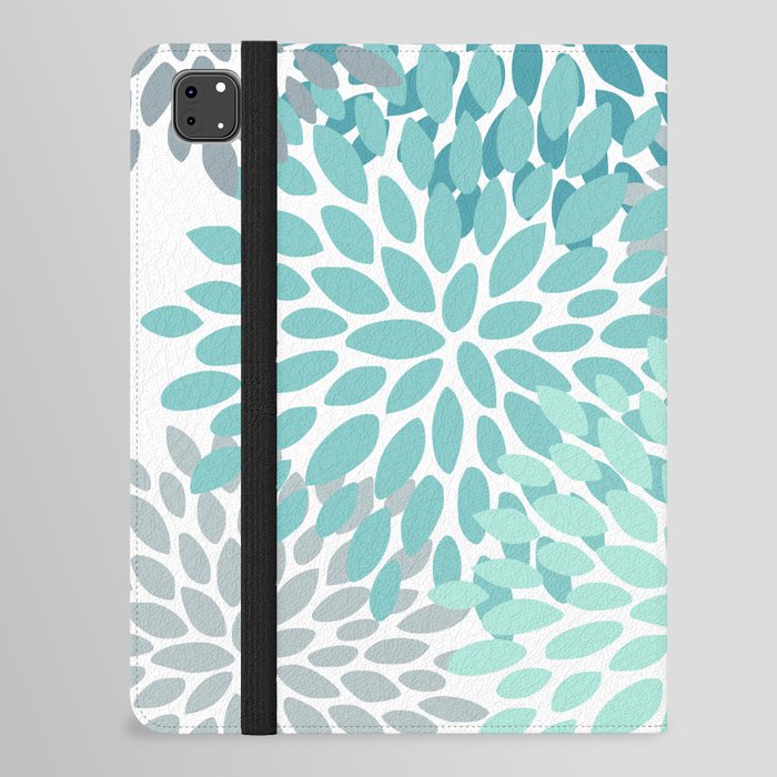Floral Pattern, Aqua, Teal, Turquoise and Gray iPad Folio Case