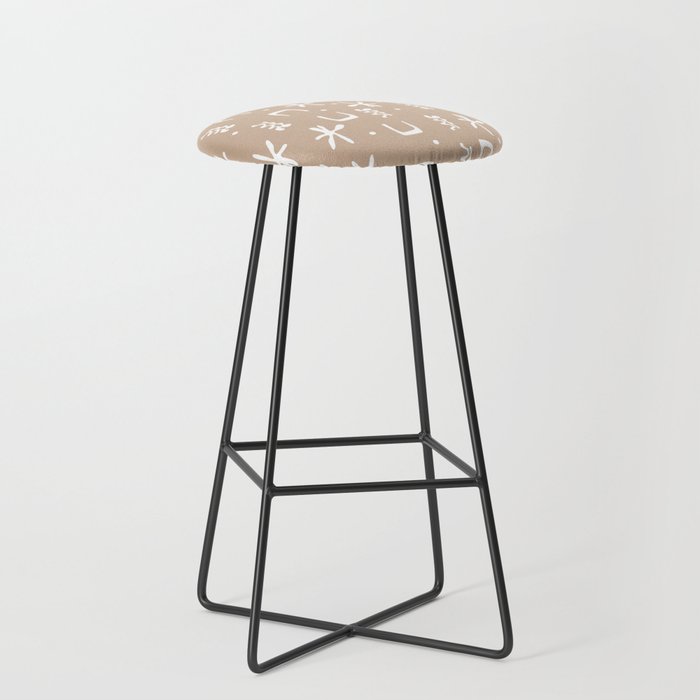 Organic Hieroglyph Abstract Pattern in Buff Camel Beige and White  Bar Stool