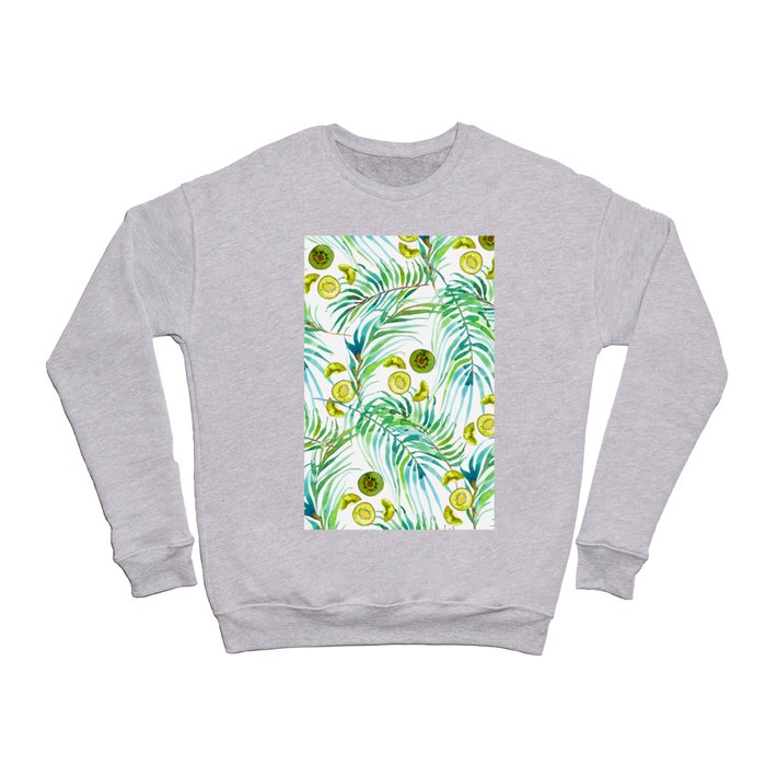 Tropical green yellow palm tree kiwi fruit watercolor foliage Crewneck Sweatshirt