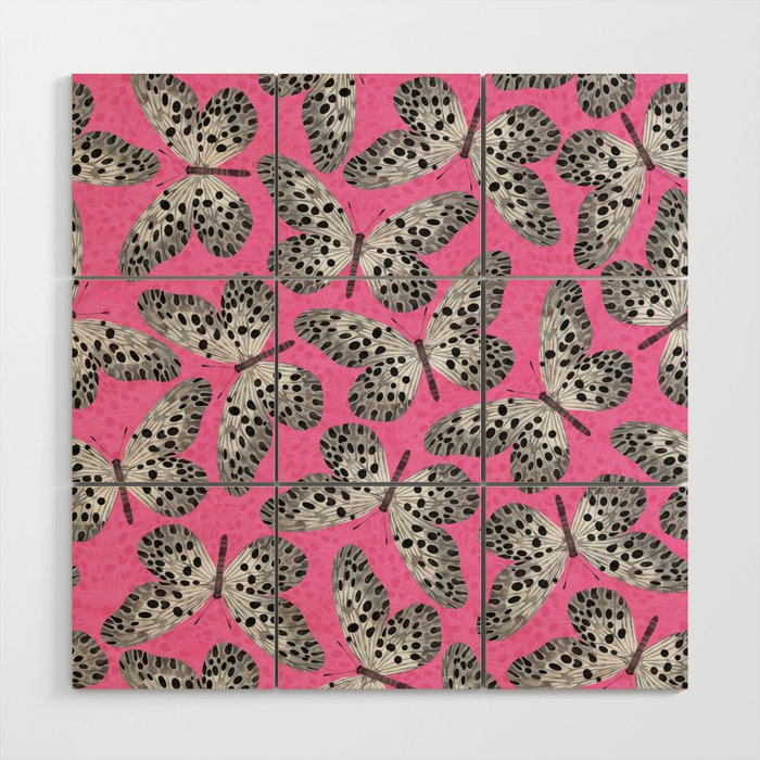 Black and white butterflies on pink background Wood Wall Art