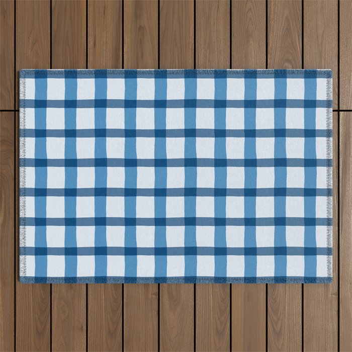 Blue and White Jagged Edge Plaid Outdoor Rug