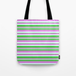 [ Thumbnail: Violet, Light Cyan, Lime Green, and Dark Grey Colored Lines/Stripes Pattern Tote Bag ]