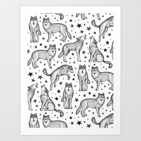 Wolves and Stars on White Art Print