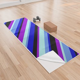 [ Thumbnail: Colorful Blue, Cornflower Blue, Turquoise, Dark Violet, and Black Colored Pattern of Stripes Yoga Towel ]