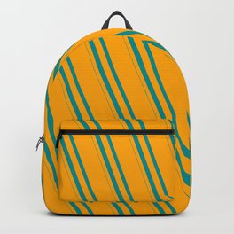 [ Thumbnail: Orange and Dark Cyan Colored Striped/Lined Pattern Backpack ]