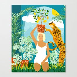 Bring The Jungle Home Illustration, Tropical Cheetah Wild Cat & Woman Painting Canvas Print