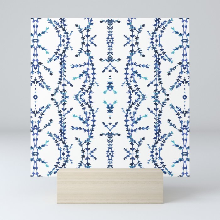 Vines Kaleidoscope (blue on white) Mini Art Print