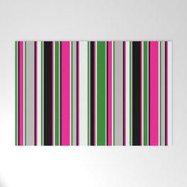 [ Thumbnail: Eyecatching Grey, Forest Green, Mint Cream, Deep Pink, and Black Colored Pattern of Stripes Welcome Mat ]