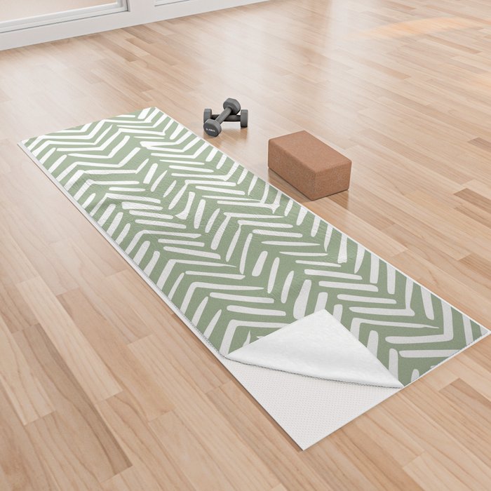Boho, Abstract, Herringbone Pattern, Sage Green and White Yoga Towel