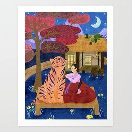 Girl, Tiger & Cottage Art Print | Korean, Girlandtiger, Watercolor, Digital, Soybeanpaste, Hanbok, Cat, Pastel, Nighttime, Pop Art 