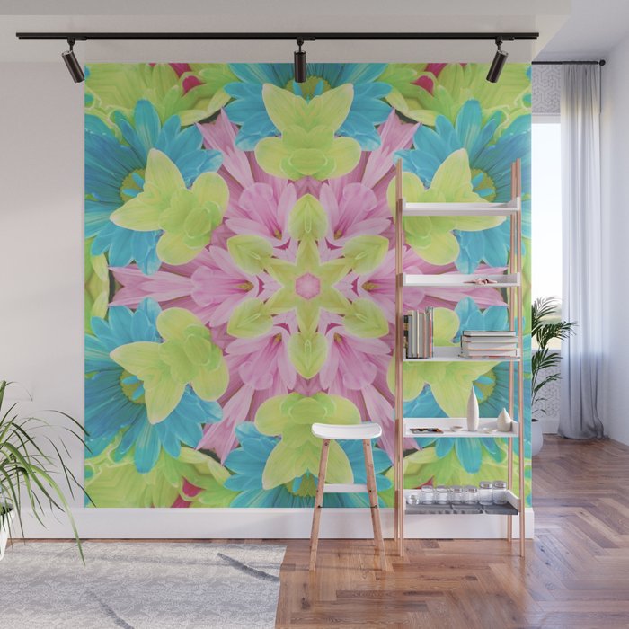 Abstract Floral Green, Blue and Pink print Wall Mural