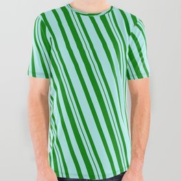 [ Thumbnail: Turquoise and Green Colored Stripes Pattern All Over Graphic Tee ]