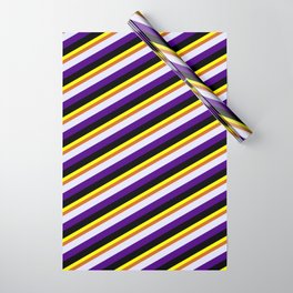 [ Thumbnail: Yellow, Chocolate, Lavender, Indigo, and Black Colored Lined Pattern Wrapping Paper ]